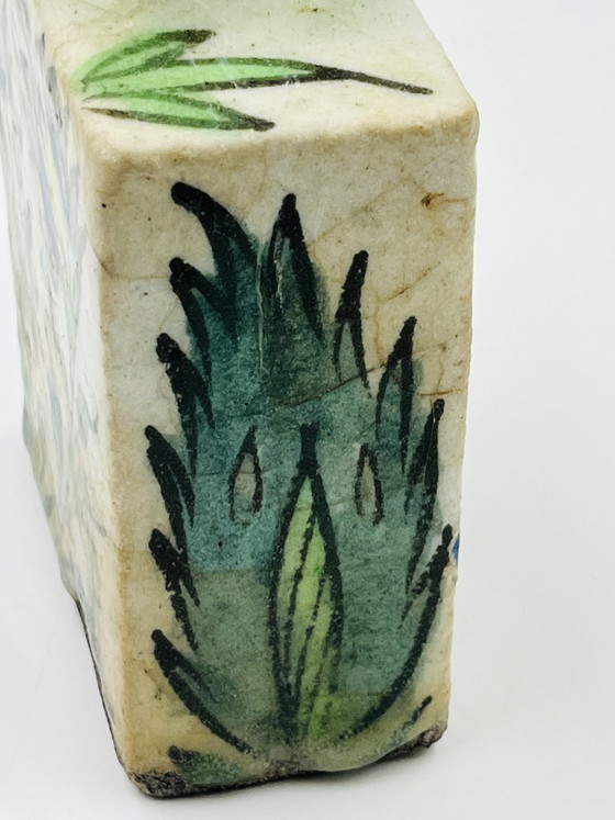 Image 1 of Antique Rectangular Ceramic Bottle, Persian Qajar Style, Fish Design, 19th Century