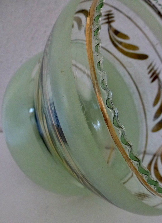 Image 1 of Plafonnier Art Déco, suspension en verre, années 1930, suspension en verre vert clair avec bande dorée, abat-jour pagode.