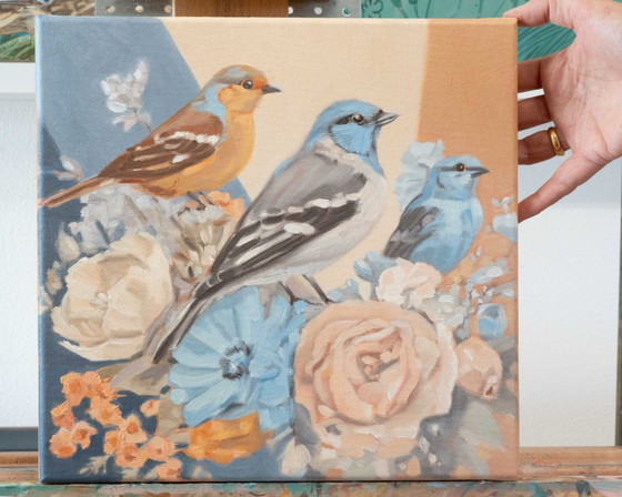 Image 1 of Birds and Flowers, oil on canvas, 30x30 cm, Sandra Kolondam
