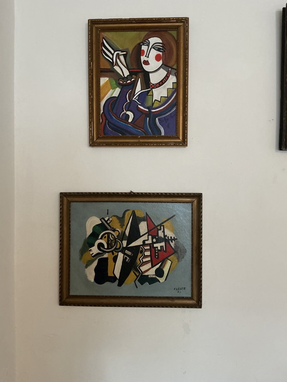 Image 1 of Abstract geometrisch schilderij – gesigneerd – olieverf op paneel met vintage lijst