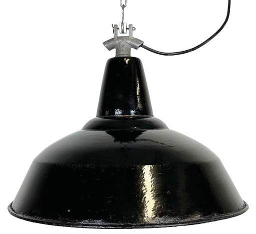 Industrial Black Enamel Factory Lamp with Cast Iron Top, 1960s