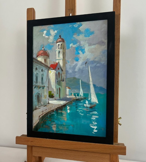 Image 1 of Original Oil Painting Summer City Landscape City on the water and white sails