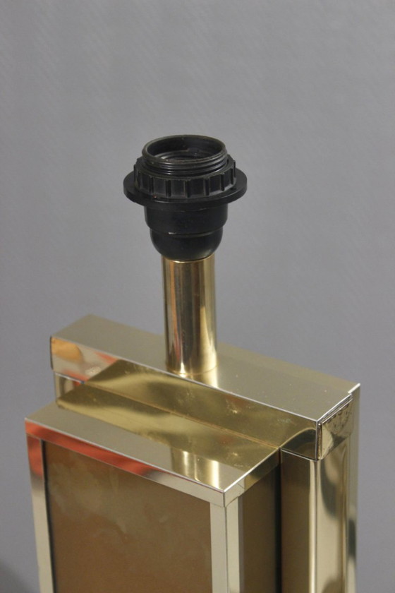 Image 1 of Philippe Cheverny - Grote messing lampvoet met omgekeerd beschilderd glas, Frankrijk, jaren 70