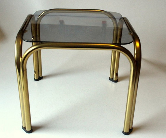 Image 1 of Small side table/plant stand, smoked glass, brass, vintage