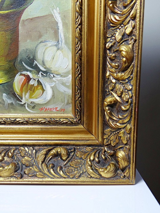 Image 1 of Still life with garlic, egg and mortar, signed Sarpe, 1979, oil on canvas