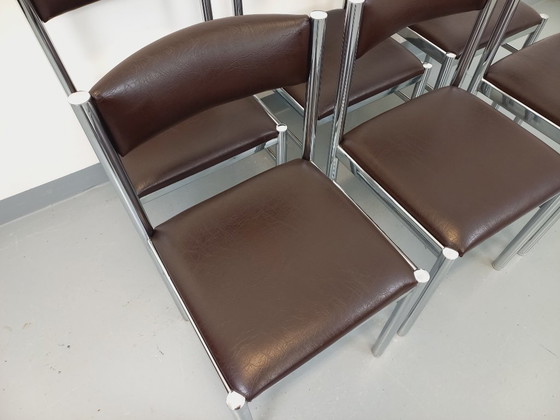 Image 1 of Set di 6 sedie vintage anni '70 in metallo cromato e similpelle marrone
