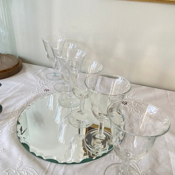 Image 1 of 6 antique stemmed glasses engraved with stylized flowers, suitable for wine or water