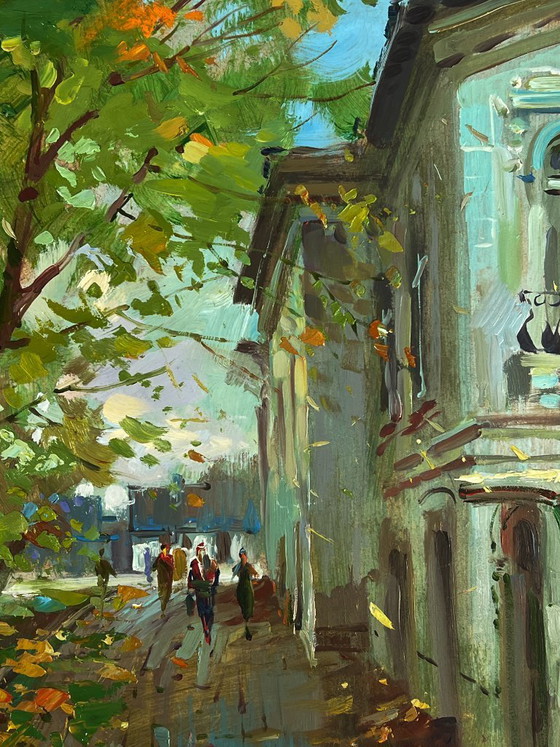 Image 1 of Peinture à l'huile originale représentant une rue de ville en journée