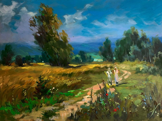 Image 1 of Original Oil Painting Summer Nature Landscape A light breeze on a flower field
