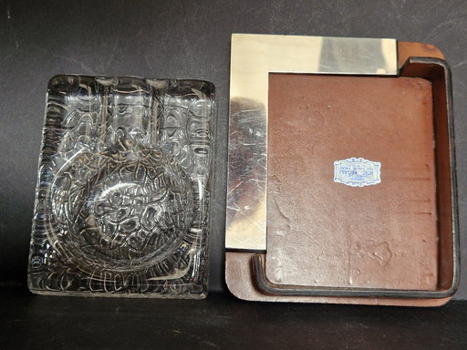 1970s Crystal and Leather Ashtray Made in Italy