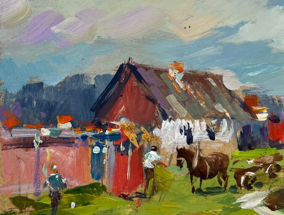 Image 1 of Original Oil Painting Summer Village Landscape Horses by the hay