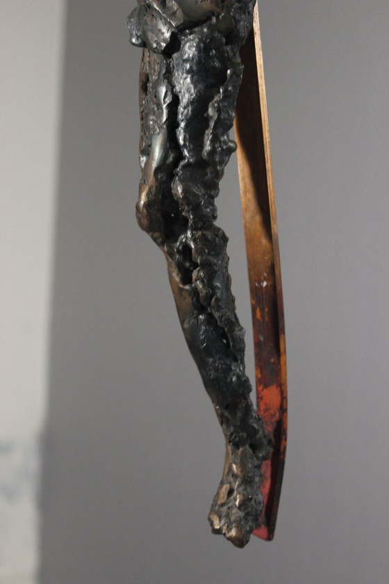 Image 1 of Brutalized crucifixion sculpture in welded iron, bronze, and copper, 1970s, signed