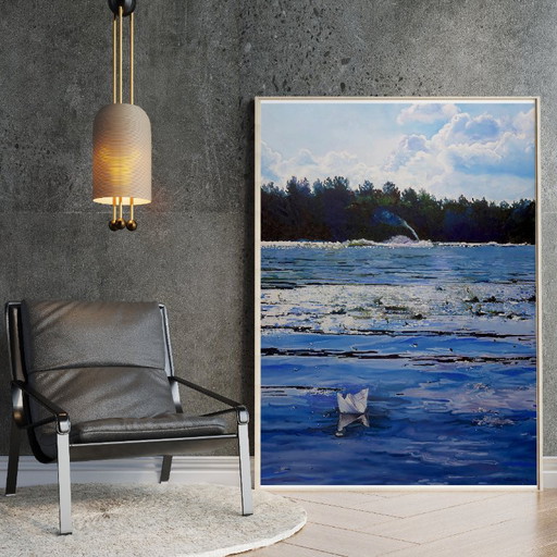 Origineel olieverfschilderij, hedendaagse kunst, symboliek, landschap, rivier, alles heeft zijn tijd. (photo 2 of 7)
