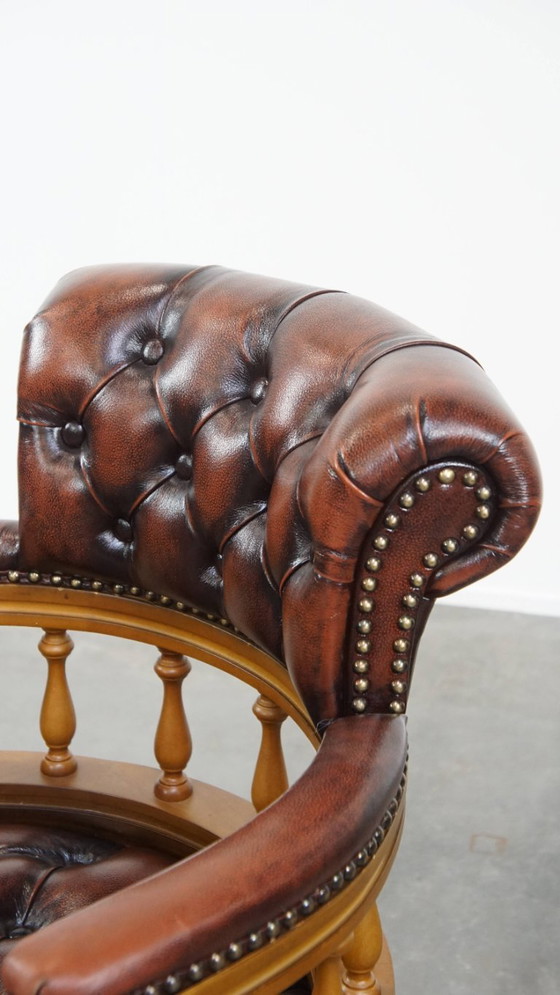 Image 1 of Brown height adjustable cowhide leather and wood chesterfield office chair on wheels