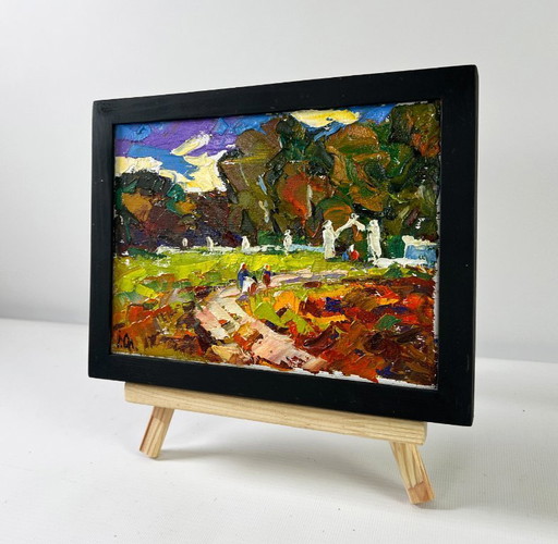 Original Oil Painting Summer Forest Landscape In the evening calm