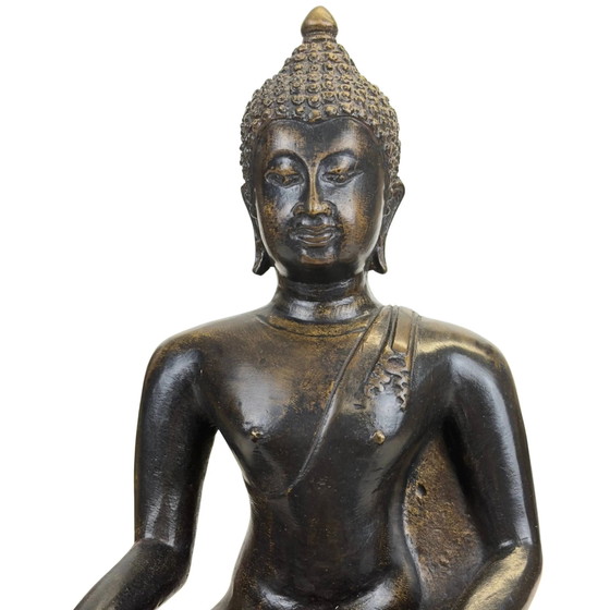 Buddha Thai in Bronzo in Bhumisparsha Mudra – Patina Scura – Sculture, Bronze, Klassiek (photo 9 of 10)