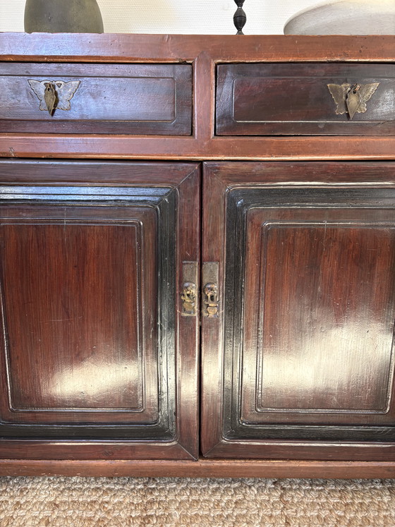 Image 1 of Antique Chinese lacquered wooden cabinet with drawers & doors