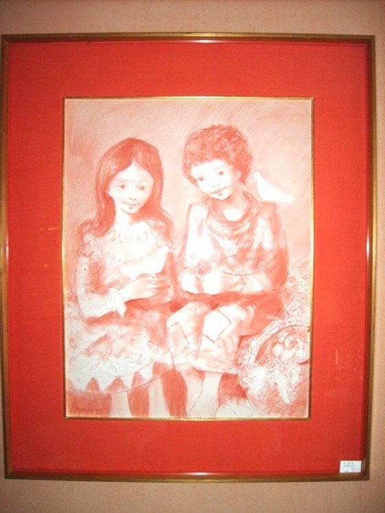 Image 1 of Alvarido, Red Chalk: 'Children' 70s Vintage *