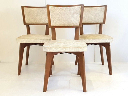 SUITE DE 3 CHAISES VINTAGE BOIS & SKAI 1950 VINTAGE 50S 50'S ANNEES 50