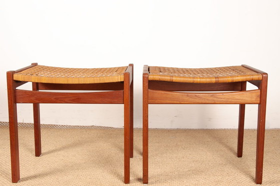 Image 1 of Coppia di sgabelli danesi in teak e paglia di Peter Hvidt, 1960.