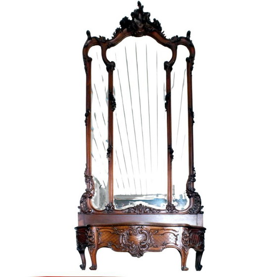 Image 1 of large Liberty Art Noveau wall beveled mirror with planter wood walnut years '900