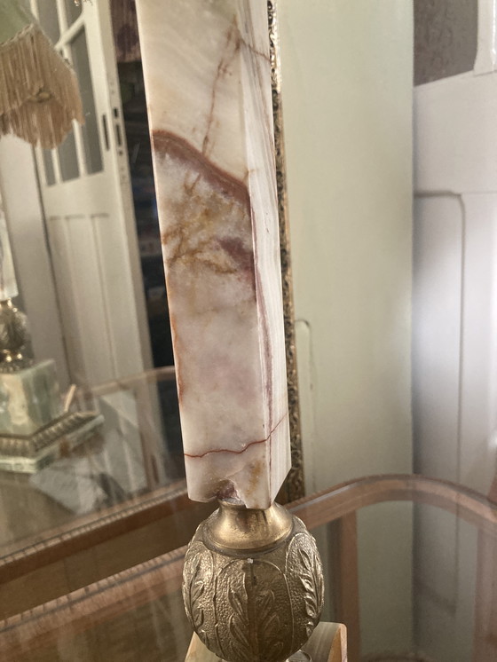 Image 1 of Schöne Vintage Tischlampe, Sammlerstück-grüner Onyx Marmor/Messing Fuß, schöner originele Schirm