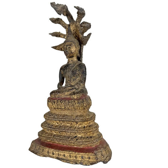 Statue antique dorée de Bouddha Naga Thaï – Protection Muchalinda – 19 cm – Sculptures, Bronze, Brass (photo 9 of 10)