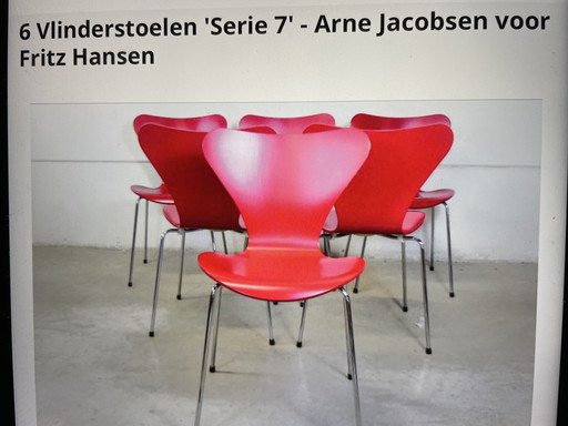 6 Vlinderstoelen ‘ Serie 7’ Arne Jacobsen voor Fritz Hansen.
