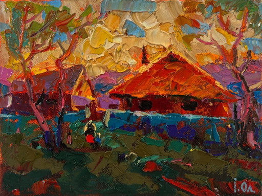 Original Oil Painting Rural Evening Landscape Sunset Village Glow