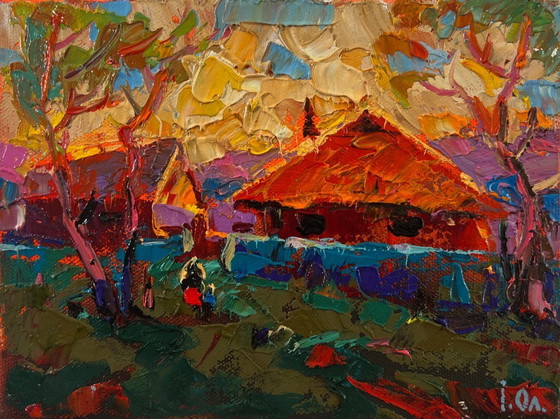 Original Oil Painting Rural Evening Landscape Sunset Village Glow – Paintings & Drawings, Canvas (photo 3 of 8)