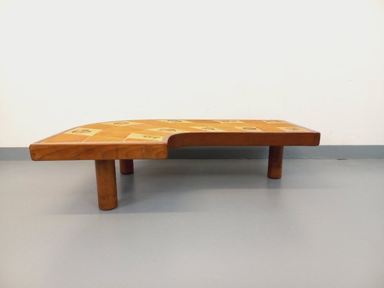 Image 1 of Barrois comma-shaped coffee table with vintage shell motifs in wood and Vallauris ceramic from the 1960s and 70s