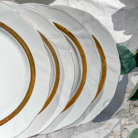 6 Vintage White and Gilded Porcelain Dinner Plates, French Limoges ADP "Ariane" - Elegant Antique French (photo 2 of 9)
