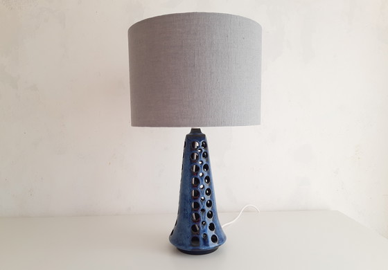 Image 1 of Beautiful Table Lamp With Blue Vintage Lamp Base By Michael Andersen, Scandinavian Design And Handmade Gray Blue Lampshade