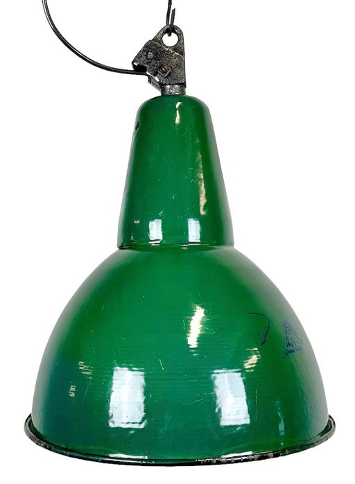 Industrial Green Enamel Factory Lamp with Cast Iron Top, 1960s