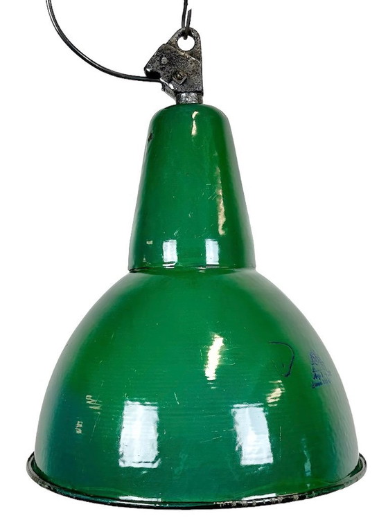 Image 1 of Industrial Green Enamel Factory Lamp with Cast Iron Top, 1960s