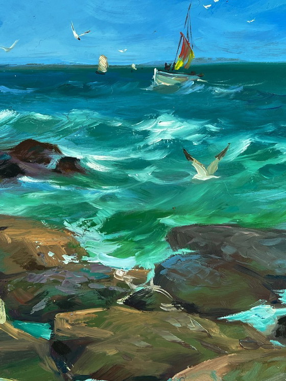 Image 1 of Dipinto ad olio originale: paesaggio marino con rocce, barca a vela, costa e onde del mare.