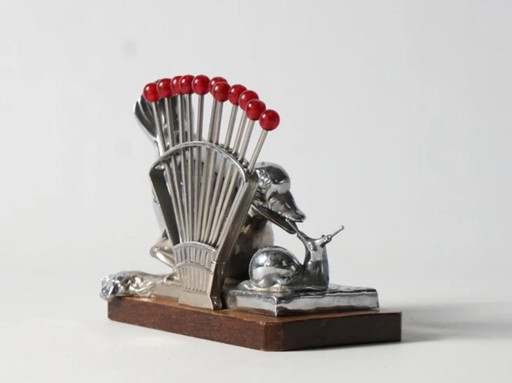 Original Benjamin Rabier Art Déco chrome on wooden plate cocktail / punch spoon set from the 1930s.