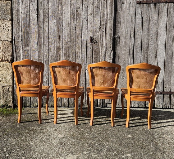 Image 1 of 4 chaises de salle à manger vintage françaises en rotin - chaises de style cottage - style Louis XV - années 80