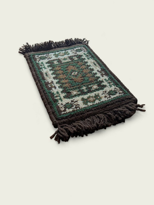 Chemin de table vintage rare de style oriental/ethnique – 24 × 40 cm – marron, beige et vert