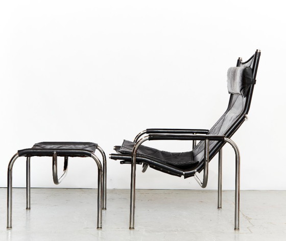 Image 1 of Set vintage di HE1106 Lounge Chair e HE1104 Ottoman di Hans Eichenberger per Strässle, anni '70