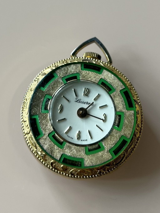 Bella catena pendente orologio svizzero d'epoca colore oro verde Lucerna