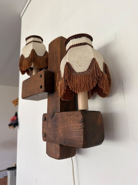 Image 1 of Unique Vintage Solid Oak Wall Lamp with Fringed Shades – 1960s/1970s