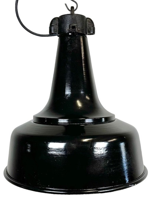 Industrial Black Pendant Factory Lamp with Cast Iron Top, 1970s