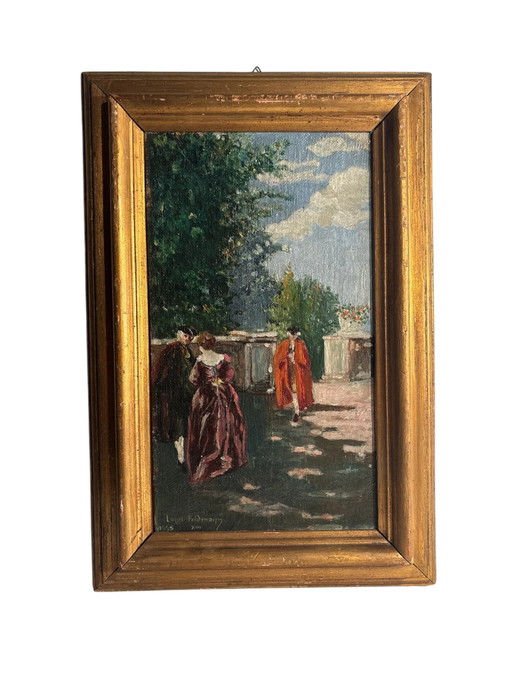 Pintura al óleo sobre tabla de figuras en un paisaje de Louis Feldmann, principios del siglo XX