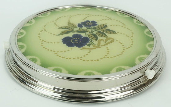 Image 1 of 1930er drehbare Tortenplatte Glas-Chrom-Tortenplatte mit Blumendekor