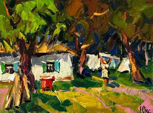 Origineel olieverfschilderij: Landelijk landschap, Huis, Het schoonmaken van de dorpstuin