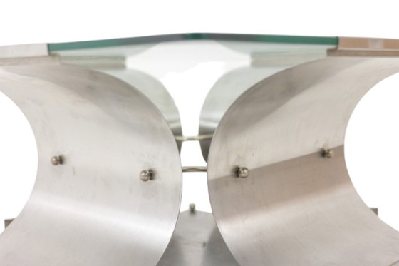 Image 1 of François Monnet, for Kappa. Brushed steel and glass coffee table. 1970
