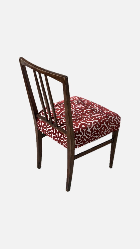6 sedie da pranzo vintage Gordon Russell in legno con seduta stampata W.H. Curly Coral. – Velvet, Wood (photo 4 of 15)