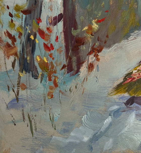 Image 1 of Original Oil Painting Snow Village Landscape Home on a winter evening