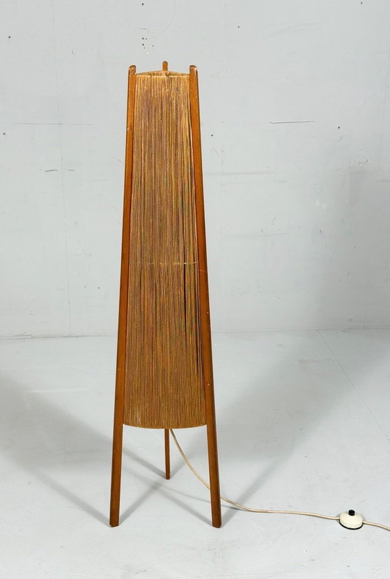 Image 1 of Lampada da terra di metà secolo, sisal/teak, Temde, Svizzera, anni '60